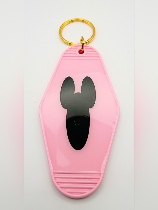 Handmade Accessories - Pink Retro Keychain with Black Silhouette Mouse Ears